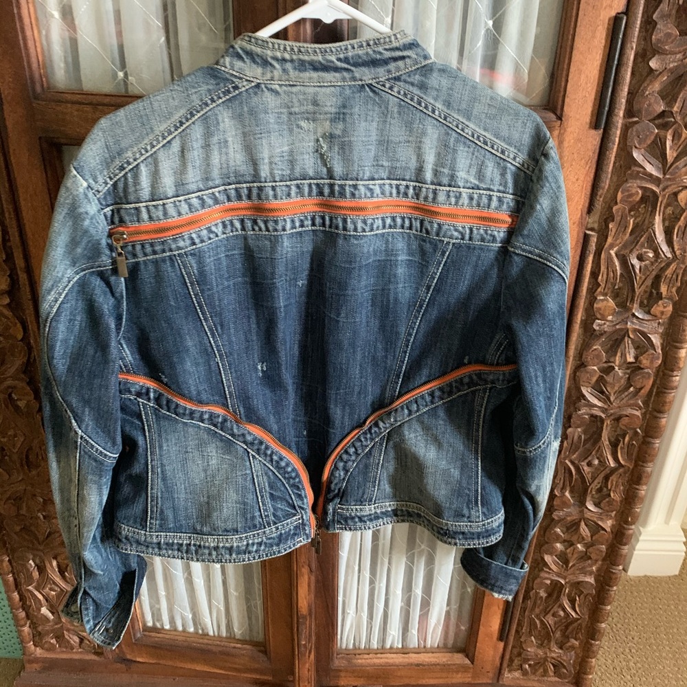Designer Italian denim moto jacket orange trim
